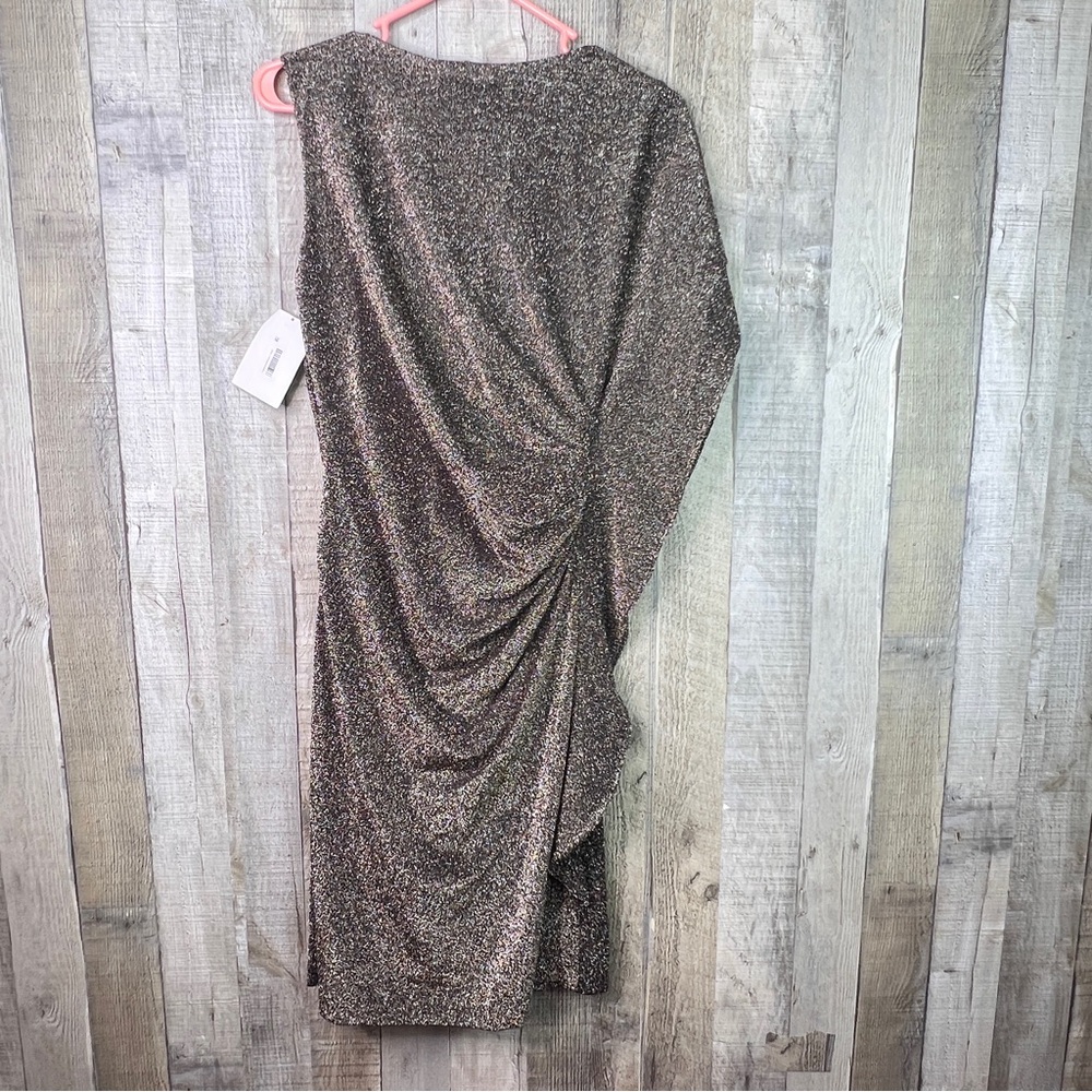 Vince Camuto Size 10 Metallic Gold/Silver/Black Asymmetrical Lined Sheath Dress - Picture 3 of 13